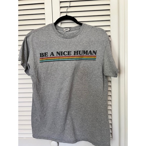 Tops - Be A Nice Human Tee M 70s Retro Rainbow Granola Kindness Teacher Graphic Shi
